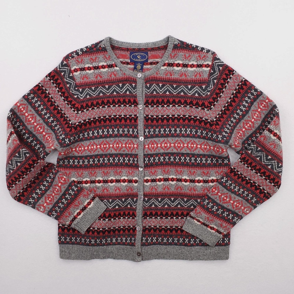 Chelsea Cambell Aztec Sweater Women M Red Gray Wool Cardigan Southwestern Navajo